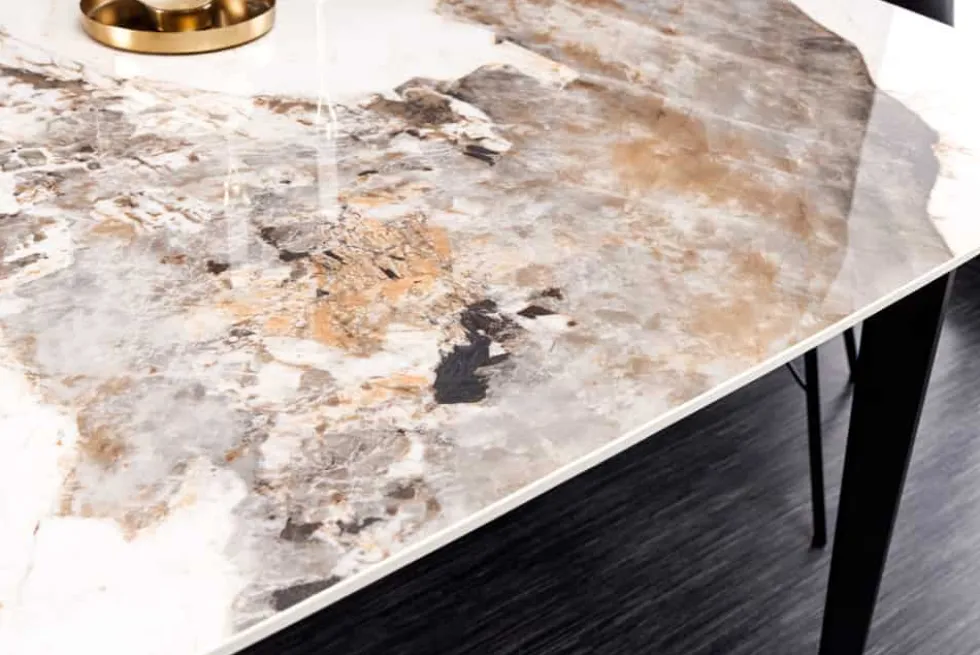 Esstisch MILANO 160cm weiß Pandora Keramik schwarzes Metallgestell