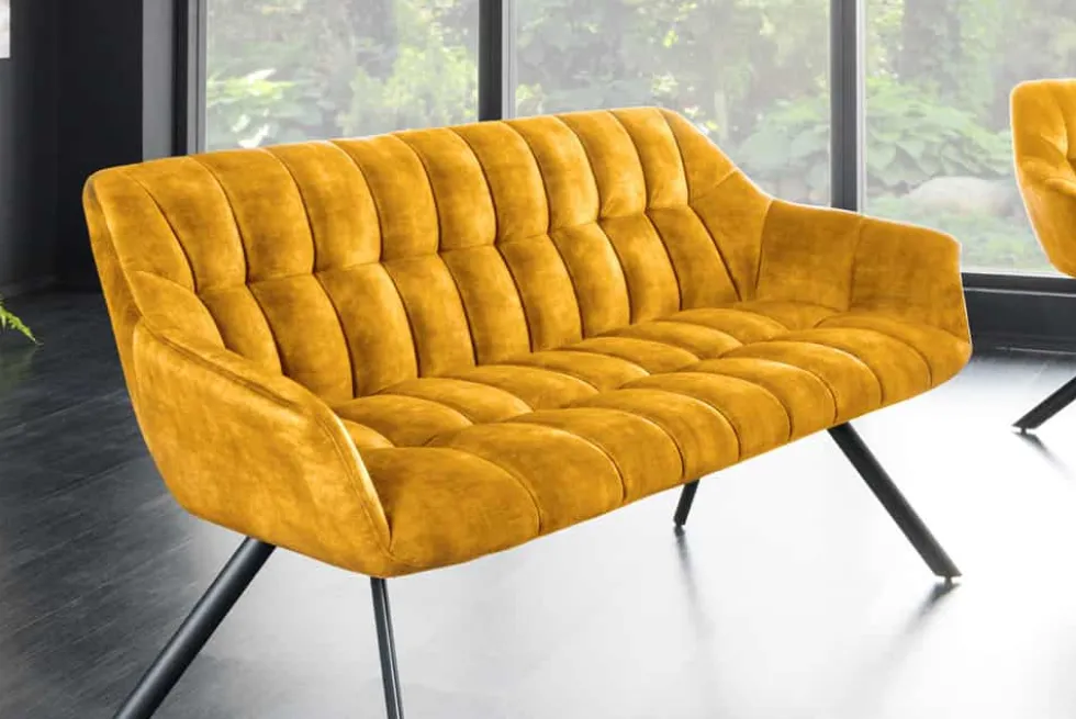 Esszimmer Sitzbank PAPILLON 165cm senfgelb Samt mit Lehnen schwarzes Metallgestell