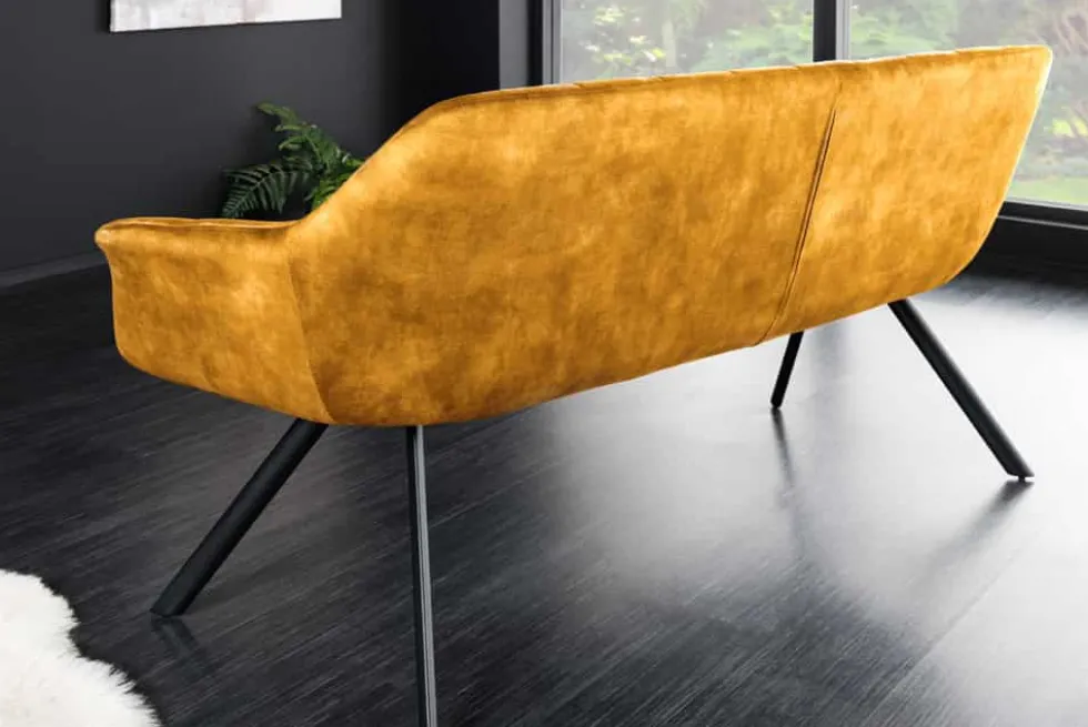Esszimmer Sitzbank PAPILLON 165cm senfgelb Samt mit Lehnen schwarzes Metallgestell