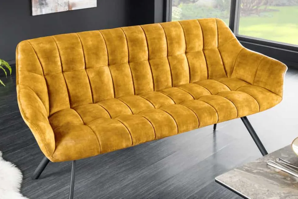 Esszimmer Sitzbank PAPILLON 165cm senfgelb Samt mit Lehnen schwarzes Metallgestell