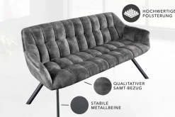 Esszimmer Sitzbank PAPILLON 165cm grau Samt mit Rückenlehne schwarzes Metallgestell