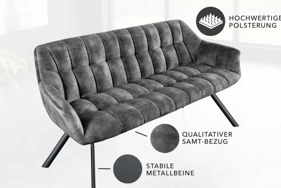 Esszimmer Sitzbank PAPILLON 165cm grau Samt mit Rückenlehne schwarzes Metallgestell