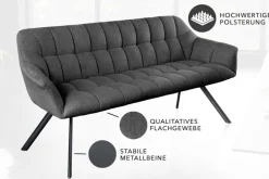 Esszimmer Sitzbank PAPILLON 165cm anthrazit Flachgewebe mit Lehnen schwarzes Metallgestell
