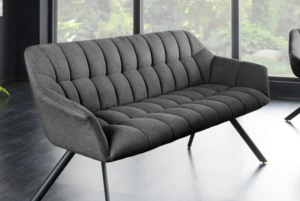 Esszimmer Sitzbank PAPILLON 165cm anthrazit Flachgewebe mit Lehnen schwarzes Metallgestell