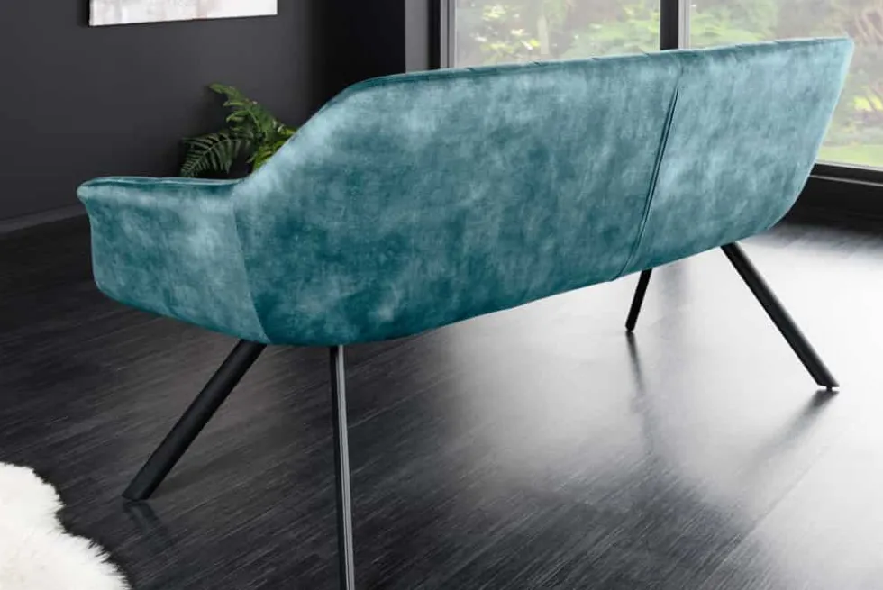 Esszimmer Sitzbank PAPILLON 165cm petrol Samt mit Lehnen schwarzes Metallgestell