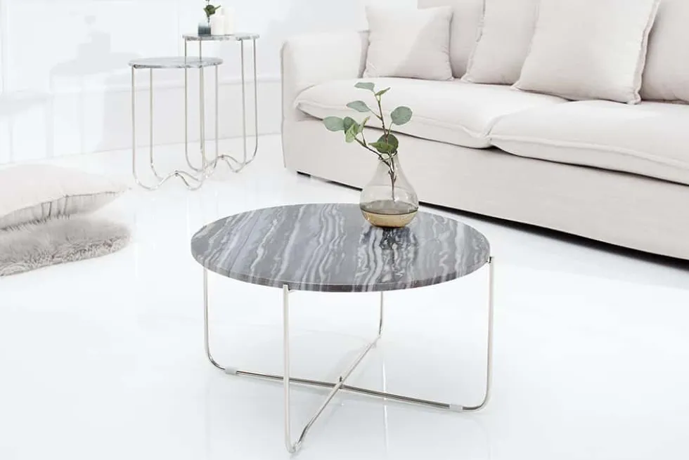 Exklusiver Couchtisch NOBLE 65cm grau echter Marmor rund silber Metall