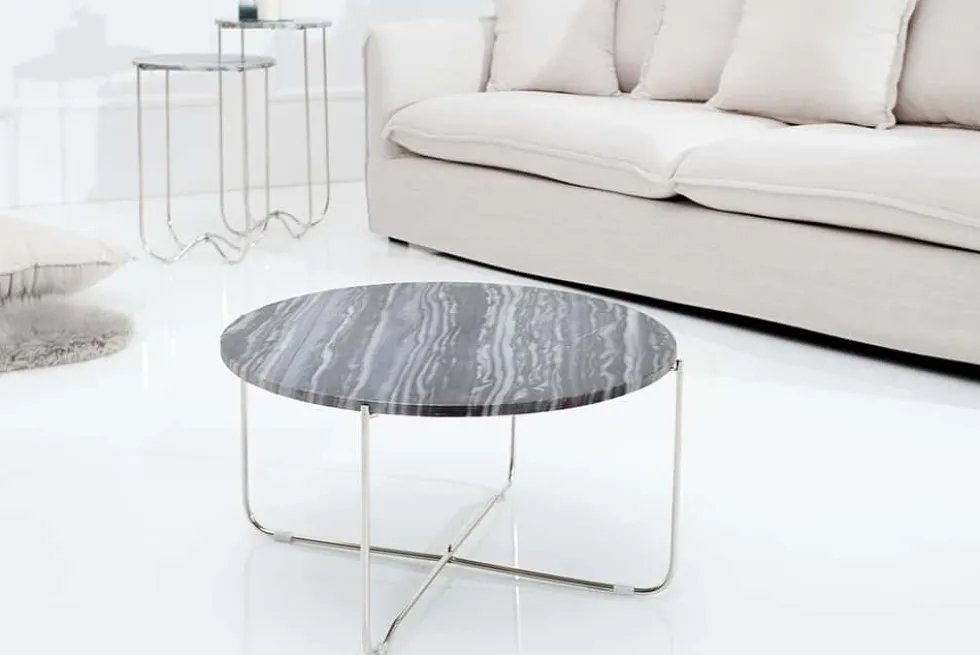 Exklusiver Couchtisch NOBLE 65cm grau echter Marmor rund silber Metall