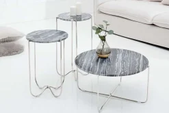 Exklusiver Couchtisch NOBLE 65cm grau echter Marmor rund silber Metall