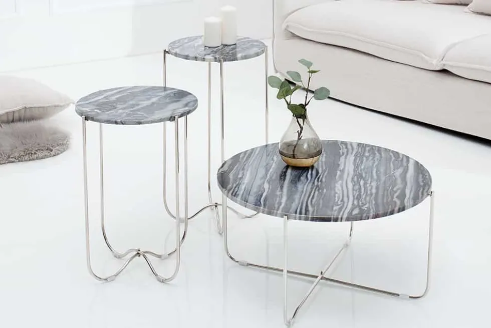 Exklusiver Couchtisch NOBLE 65cm grau echter Marmor rund silber Metall