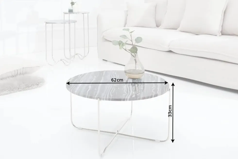 Exklusiver Couchtisch NOBLE 65cm grau echter Marmor rund silber Metall