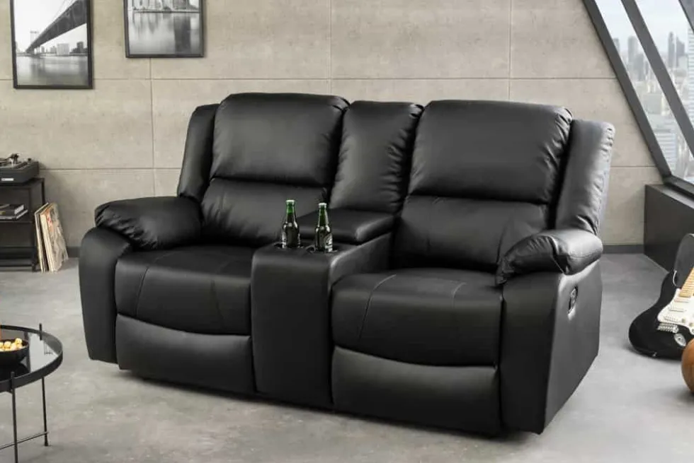 Exklusiver 2er Kinosessel HOLLYWOOD 190cm schwarz mit Liegefunktion und Getränkehalter