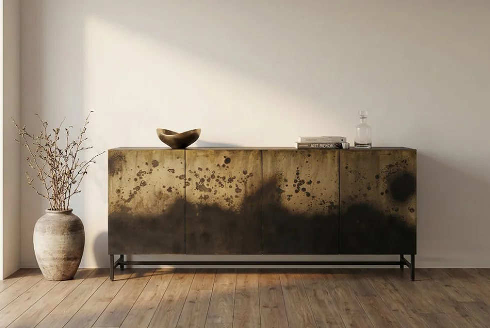 Exklusives Sideboard OXID 180cm schwarz gold massives Mangoholz Metall Soft Close