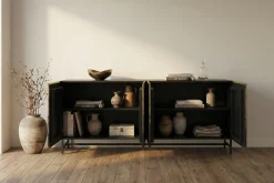 Exklusives Sideboard OXID 180cm schwarz gold massives Mangoholz Metall Soft Close