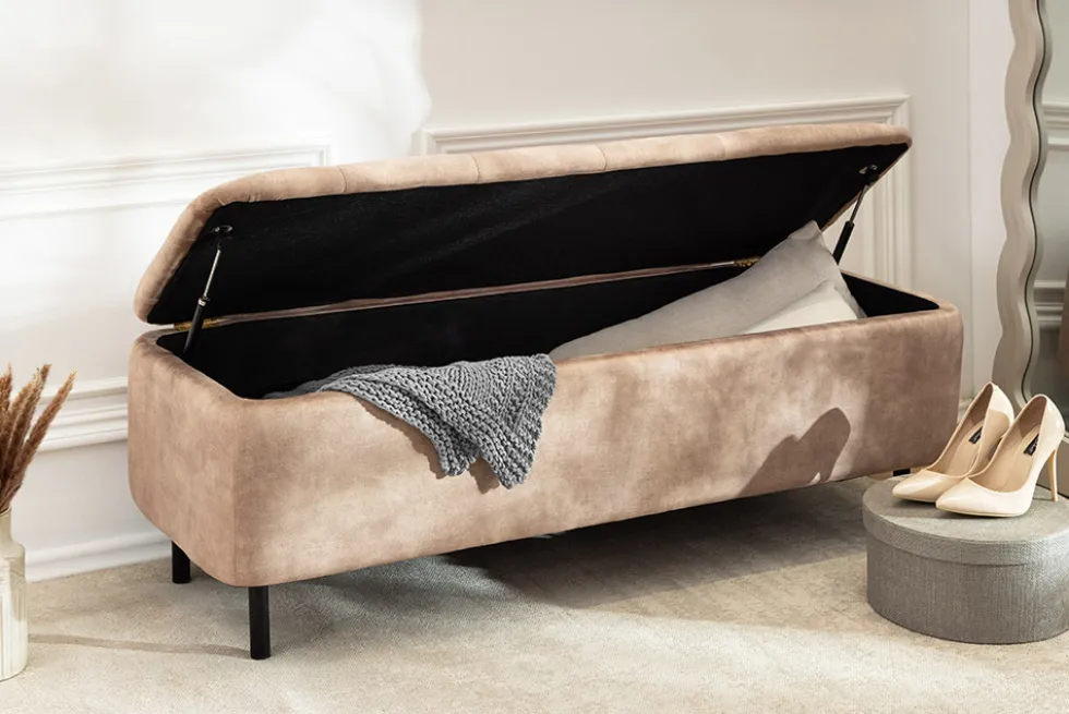 Extravagante Polsterbank EN VOGUE 120cm beige Samt mit Stauraum schwarze Metallbeine