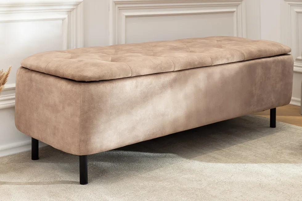 Extravagante Polsterbank EN VOGUE 120cm beige Samt mit Stauraum schwarze Metallbeine