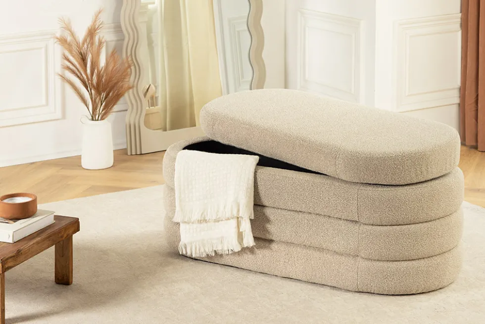 Extravagante Polsterbank VOGUE 115cm taupe Bouclé Sitzbank mit Stauraum