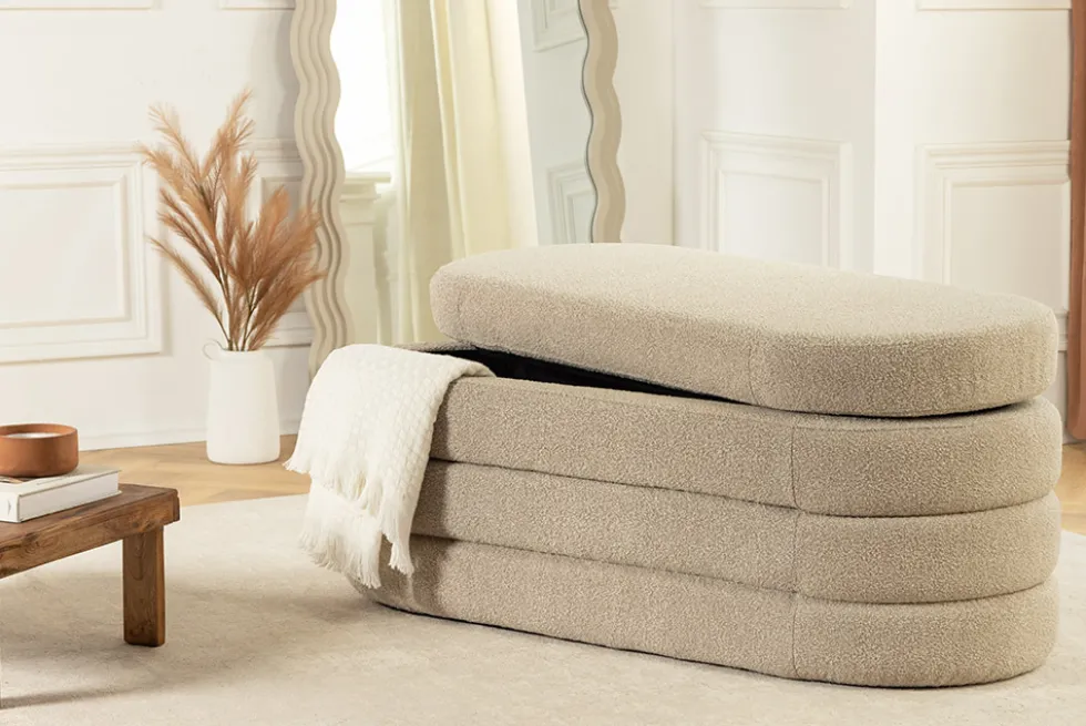 Extravagante Polsterbank VOGUE 115cm taupe Bouclé Sitzbank mit Stauraum
