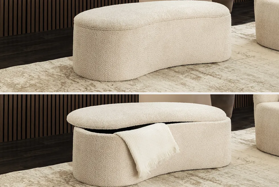 Extravagante Polsterbank ELEMENTAL 120cm champagner beige Feinstrick Bouclé mit Stauraum