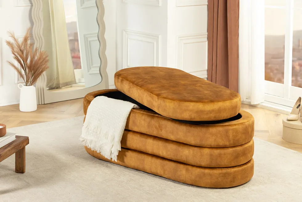 Extravagante Polsterbank VOGUE 115cm senfgelb Samt Sitzbank mit Stauraum