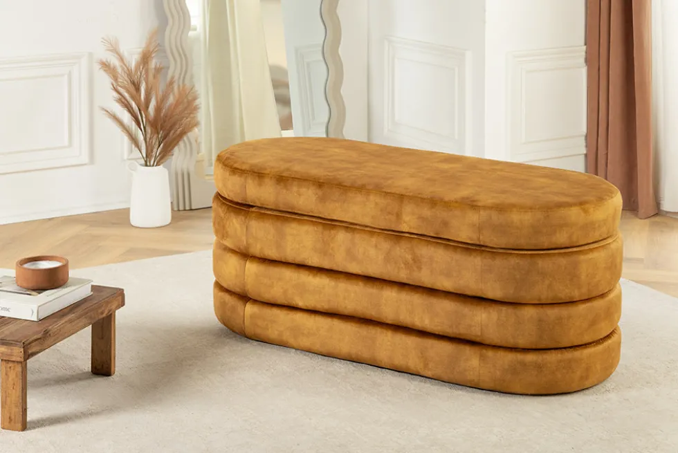 Extravagante Polsterbank VOGUE 115cm senfgelb Samt Sitzbank mit Stauraum