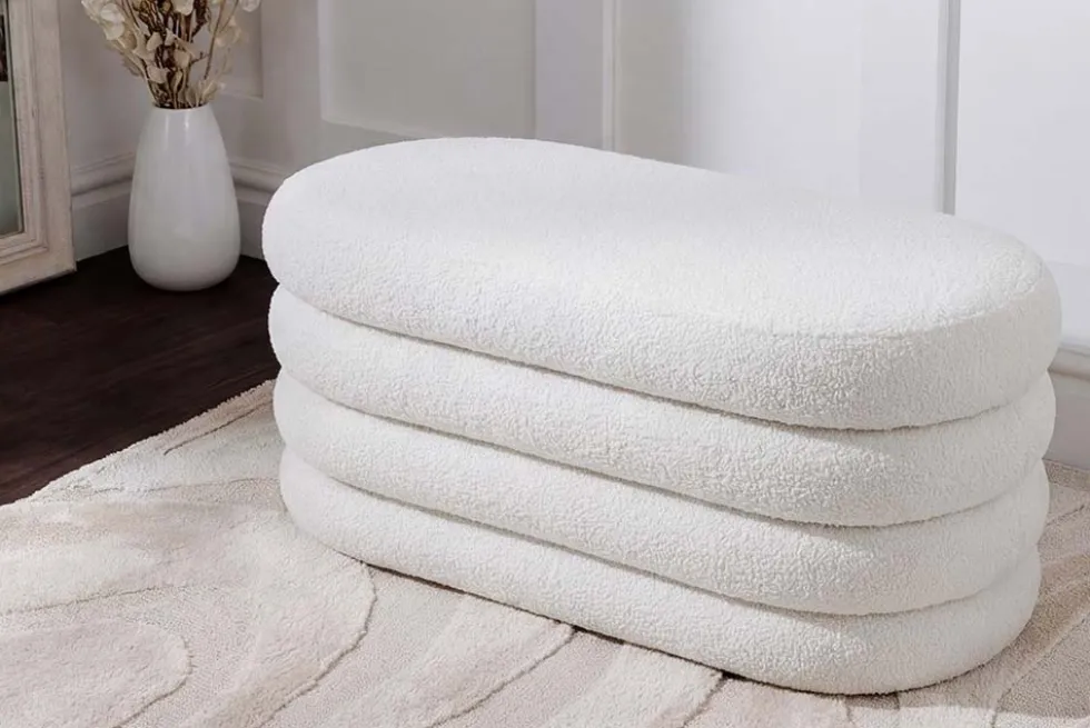 Extravagante Polsterbank VOGUE 85cm weiß Bouclé Sitzbank mit Stauraum