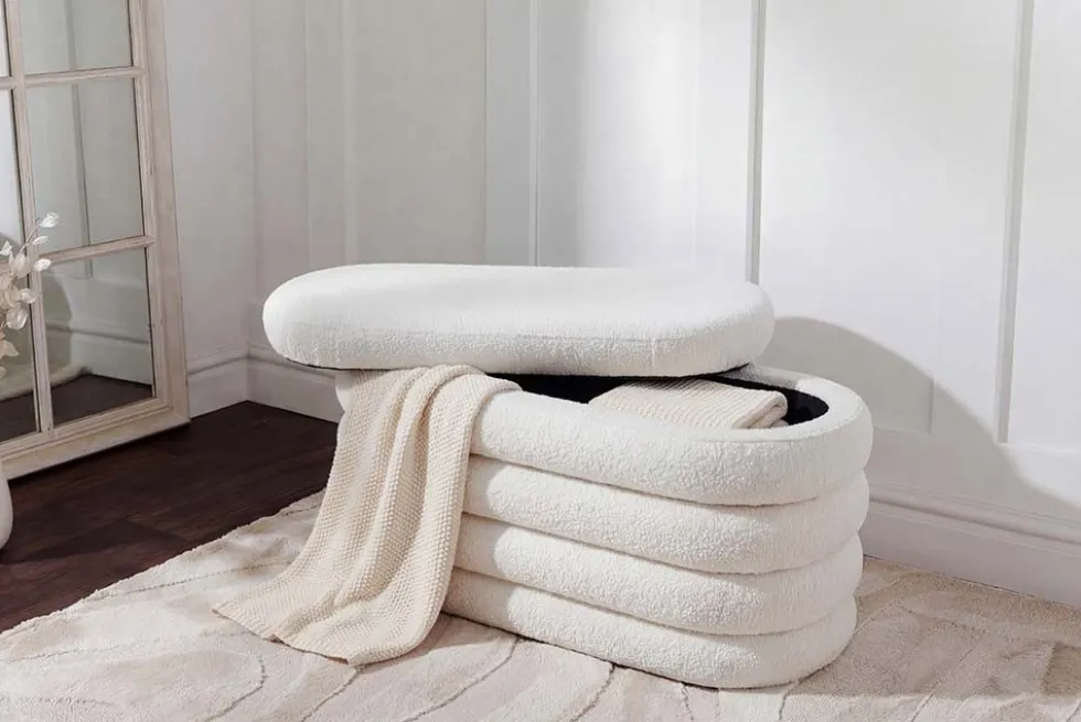 Extravagante Polsterbank VOGUE 85cm weiß Bouclé Sitzbank mit Stauraum