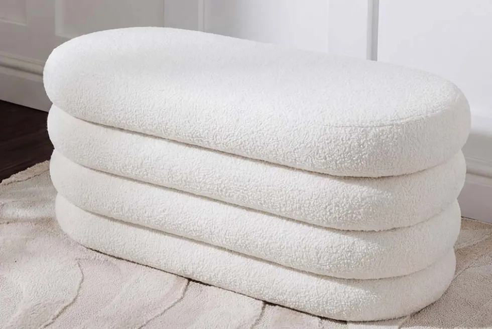 Extravagante Polsterbank VOGUE 85cm weiß Bouclé Sitzbank mit Stauraum