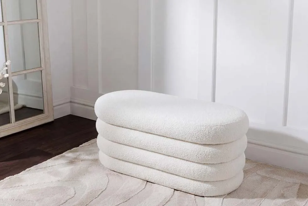 Extravagante Polsterbank VOGUE 85cm weiß Bouclé Sitzbank mit Stauraum