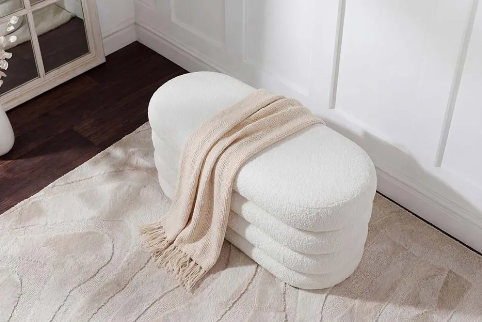 Extravagante Polsterbank VOGUE 85cm weiß Bouclé Sitzbank mit Stauraum