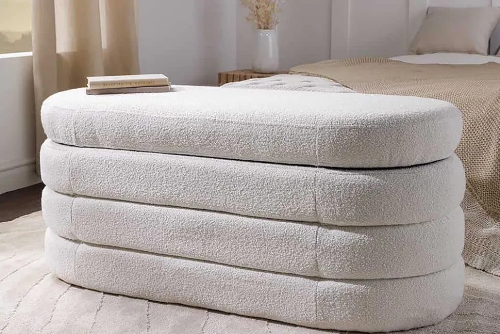 Extravagante Polsterbank VOGUE 115cm creme weiß Bouclé Sitzbank mit Stauraum