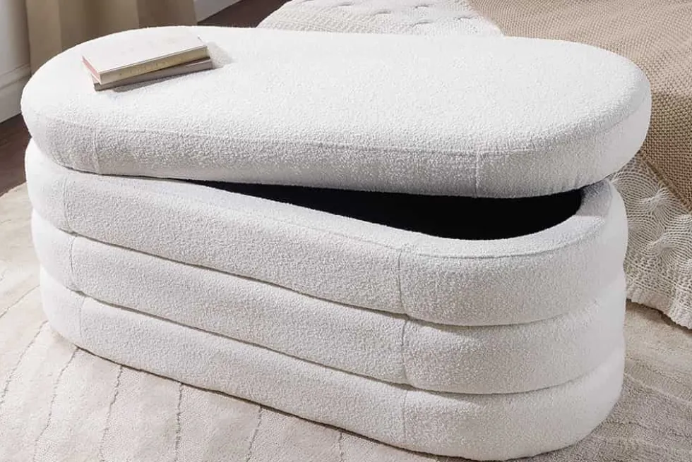 Extravagante Polsterbank VOGUE 115cm creme weiß Bouclé Sitzbank mit Stauraum