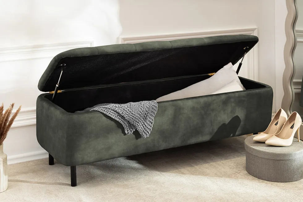 Extravagante Polsterbank EN VOGUE 120cm grün Samt mit Stauraum schwarze Metallbeine