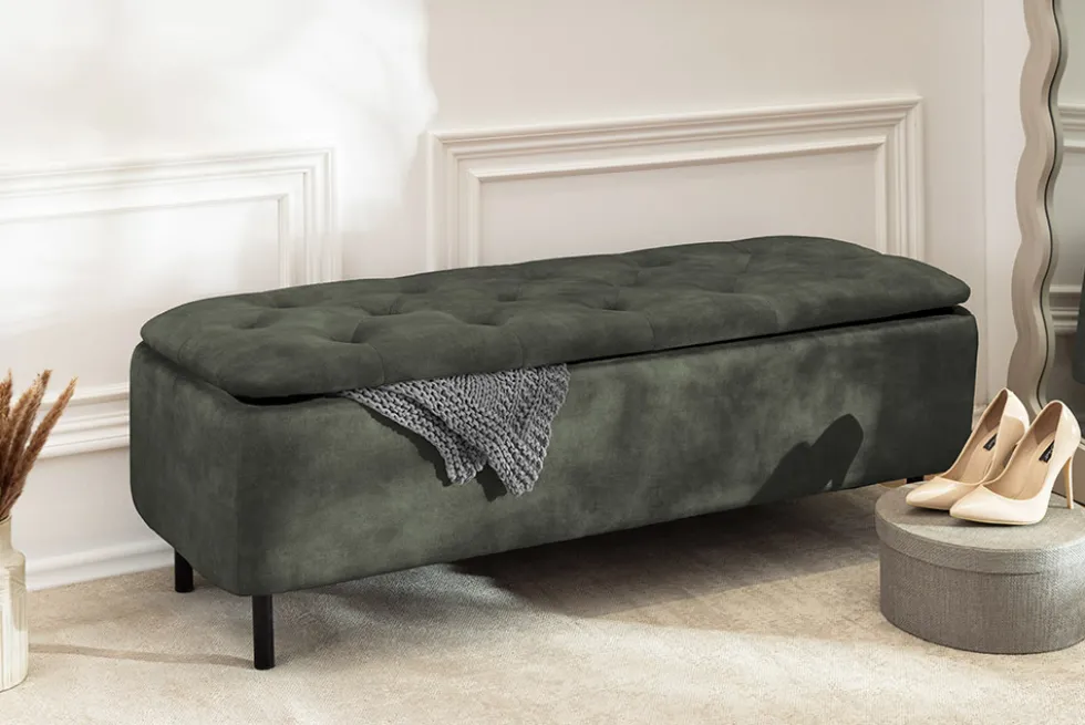 Extravagante Polsterbank EN VOGUE 120cm grün Samt mit Stauraum schwarze Metallbeine
