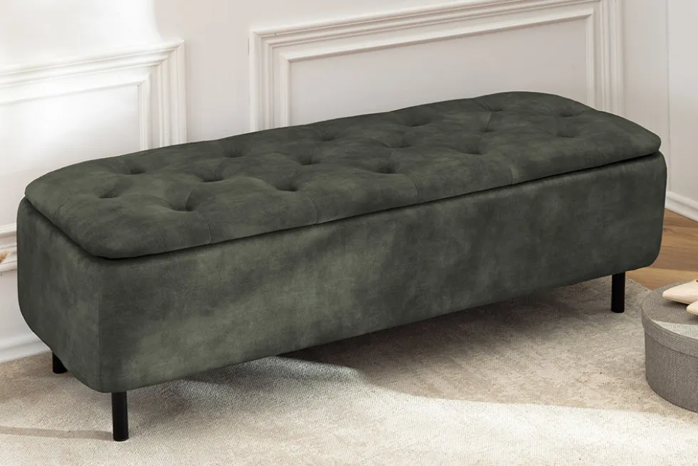 Extravagante Polsterbank EN VOGUE 120cm grün Samt mit Stauraum schwarze Metallbeine