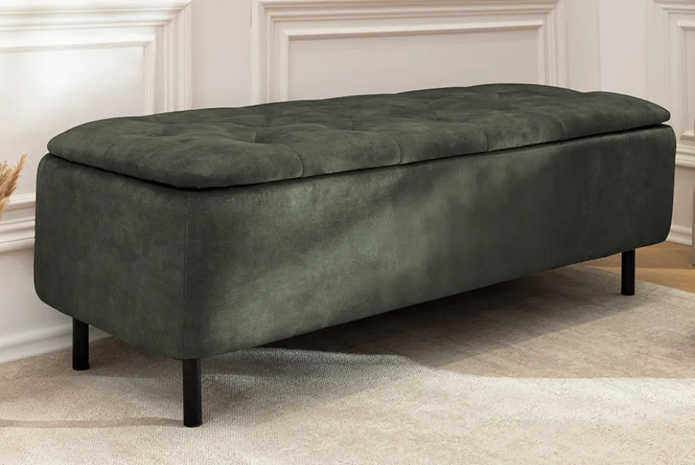 Extravagante Polsterbank EN VOGUE 120cm grün Samt mit Stauraum schwarze Metallbeine