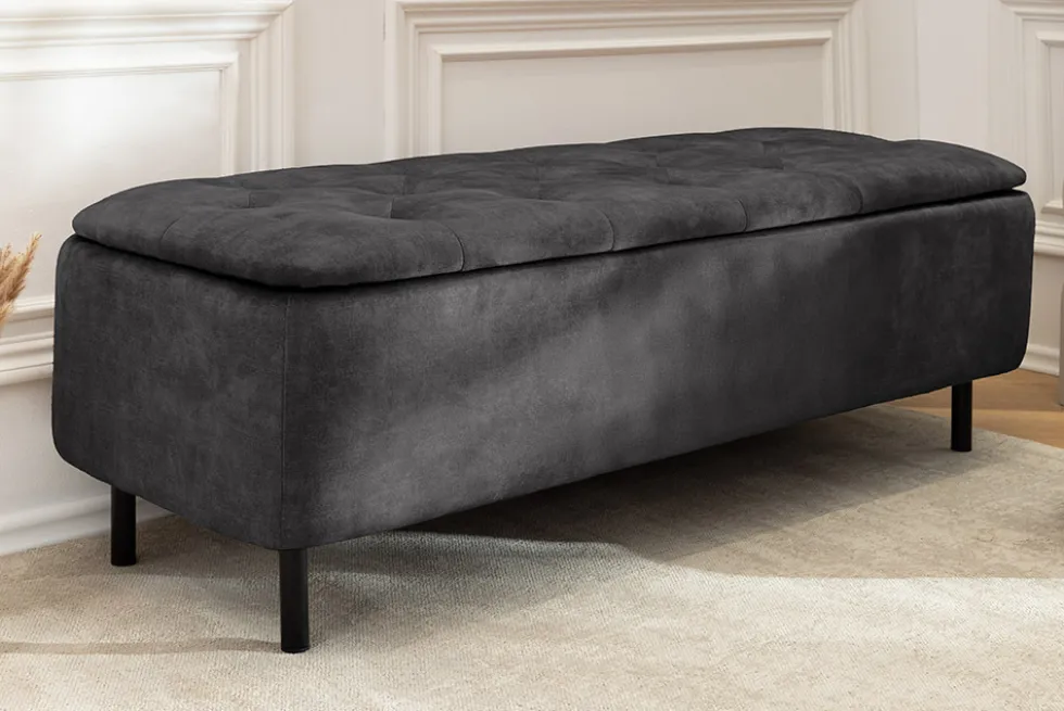 Extravagante Polsterbank EN VOGUE 120cm grau Samt mit Stauraum schwarze Metallbeine