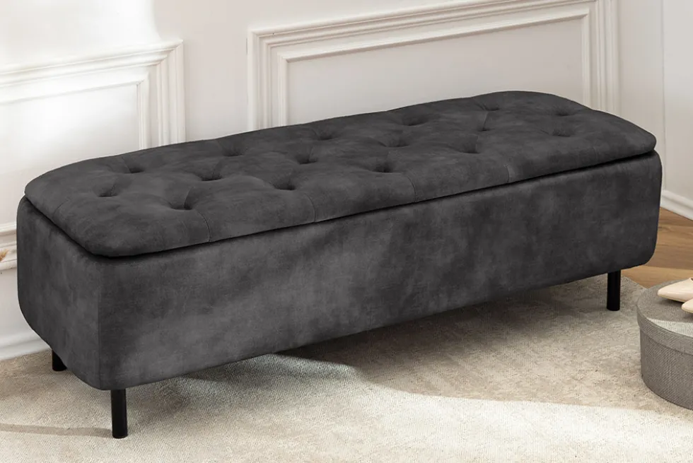 Extravagante Polsterbank EN VOGUE 120cm grau Samt mit Stauraum schwarze Metallbeine