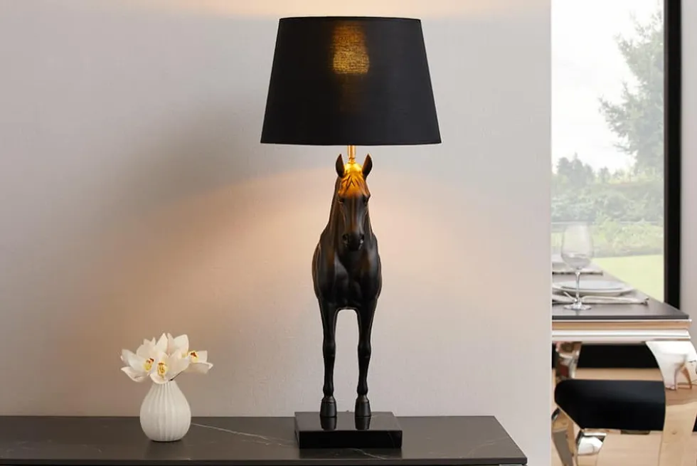 Extravagante Tischlampe BLACK BEAUTY 75cm schwarz gold Pferde-Skulptur