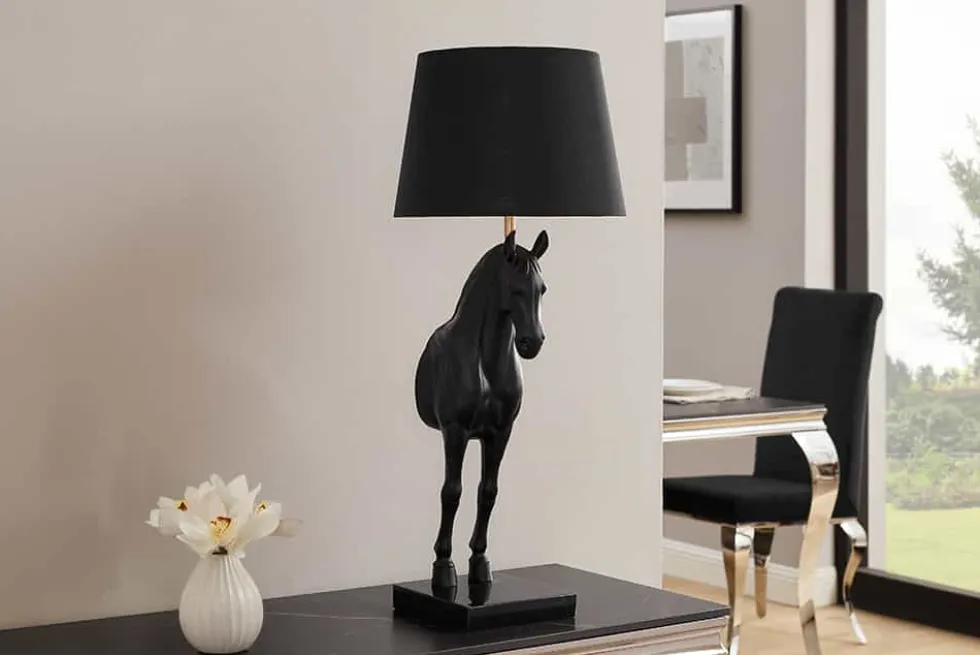 Extravagante Tischlampe BLACK BEAUTY 75cm schwarz gold Pferde-Skulptur