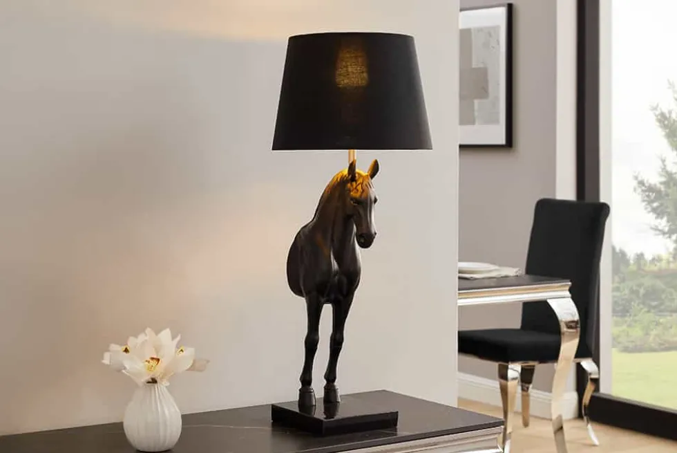 Extravagante Tischlampe BLACK BEAUTY 75cm schwarz gold Pferde-Skulptur