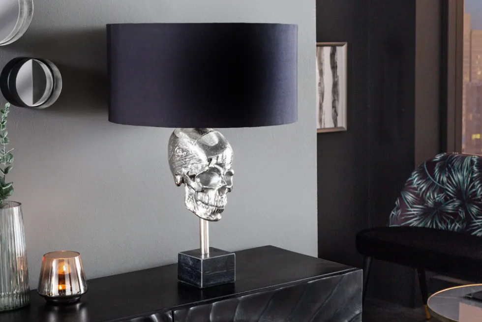 Extravagante Tischlampe SKULL 56cm schwarz silber Metall Totenkopf Skulptur Leuchte