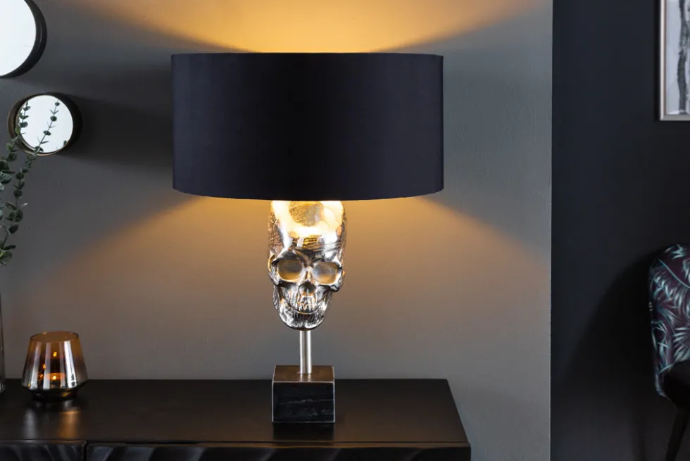 Extravagante Tischlampe SKULL 56cm schwarz silber Metall Totenkopf Skulptur Leuchte
