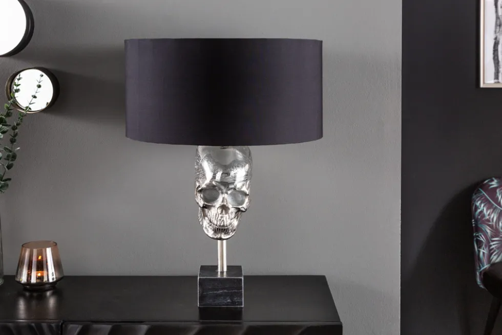 Extravagante Tischlampe SKULL 56cm schwarz silber Metall Totenkopf Skulptur Leuchte