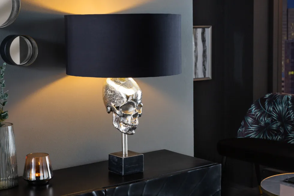 Extravagante Tischlampe SKULL 56cm schwarz silber Metall Totenkopf Skulptur Leuchte