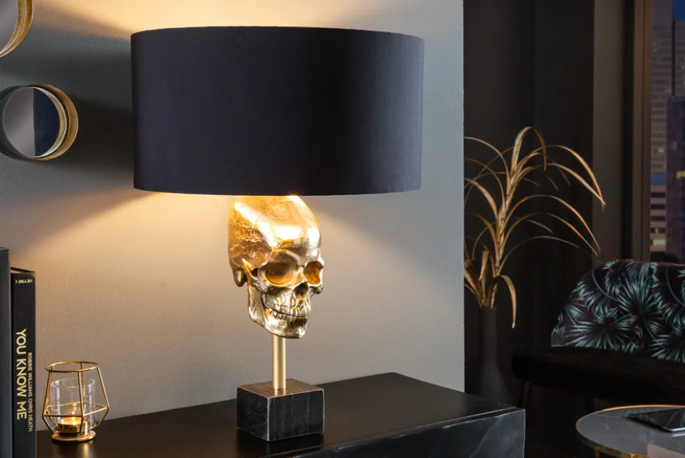 Extravagante Tischlampe SKULL 56cm schwarz gold Metall Totenkopf Skulptur Leuchte