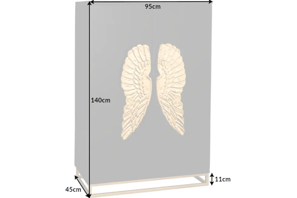 Extravaganter Barschrank ANGEL 140cm schwarz Mangoholz mit goldenen Flügeln