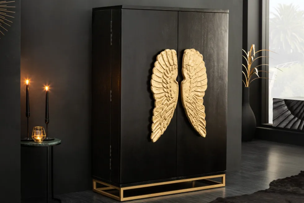 Extravaganter Barschrank ANGEL 140cm schwarz Mangoholz mit goldenen Flügeln