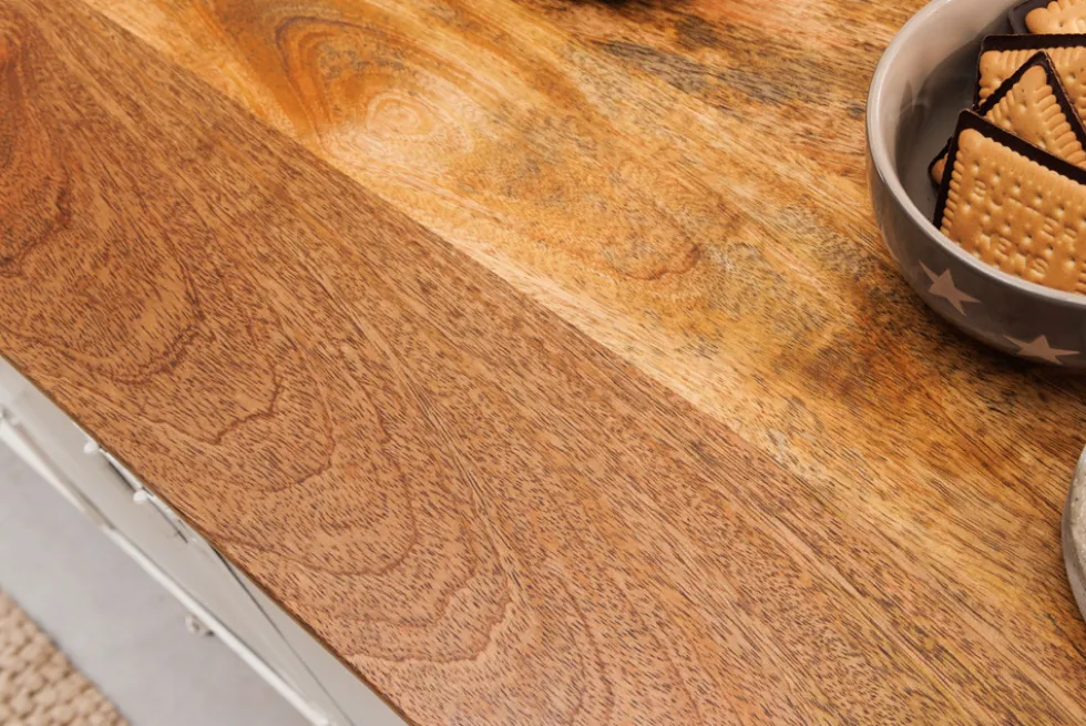 Extravaganter Barschrank SCOOTER 250cm weiß Retro-Konsole Motorroller mit Mangoholz Upcycling