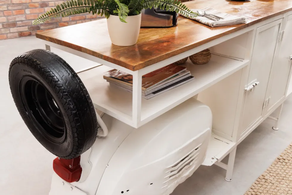 Extravaganter Barschrank SCOOTER 250cm weiß Retro-Konsole Motorroller mit Mangoholz Upcycling