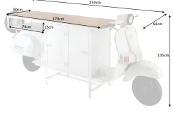 Extravaganter Barschrank SCOOTER 250cm weiß Retro-Konsole Motorroller mit Mangoholz Upcycling